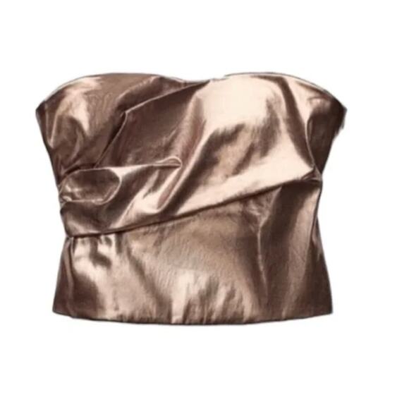 NEW Zara Corset Tube Top Womens Sz Medium Metallic Bronze Gold Strapless Ruched - Picture 1 of 7
